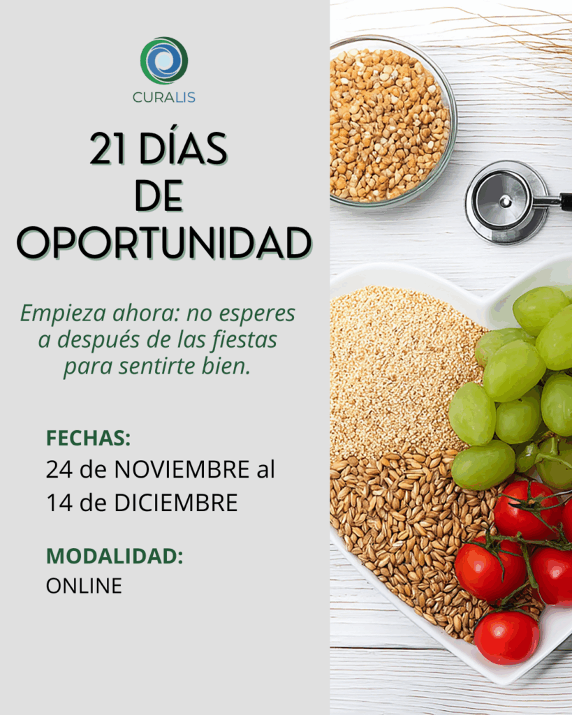 Banner promocional del programa “21 días de oportunidad” de Curalis. Imagen con alimentos saludables, frutas, cereales y mensaje de inicio del programa online.